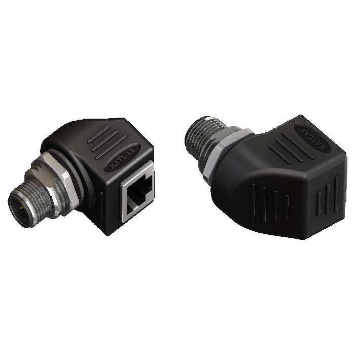 M12 Male - RJ45 Angled 4-Pin D-Coded Adapter — CAM12D4-RFRJ45 | Katlax